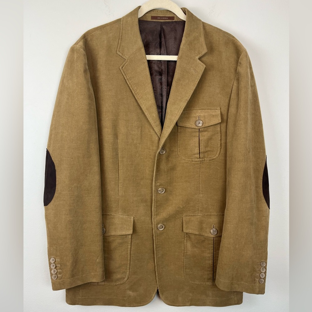 Tasso Elba Corduroy Safari Hunting Style Medium Jacket Cotton Khaki Elbow Patch